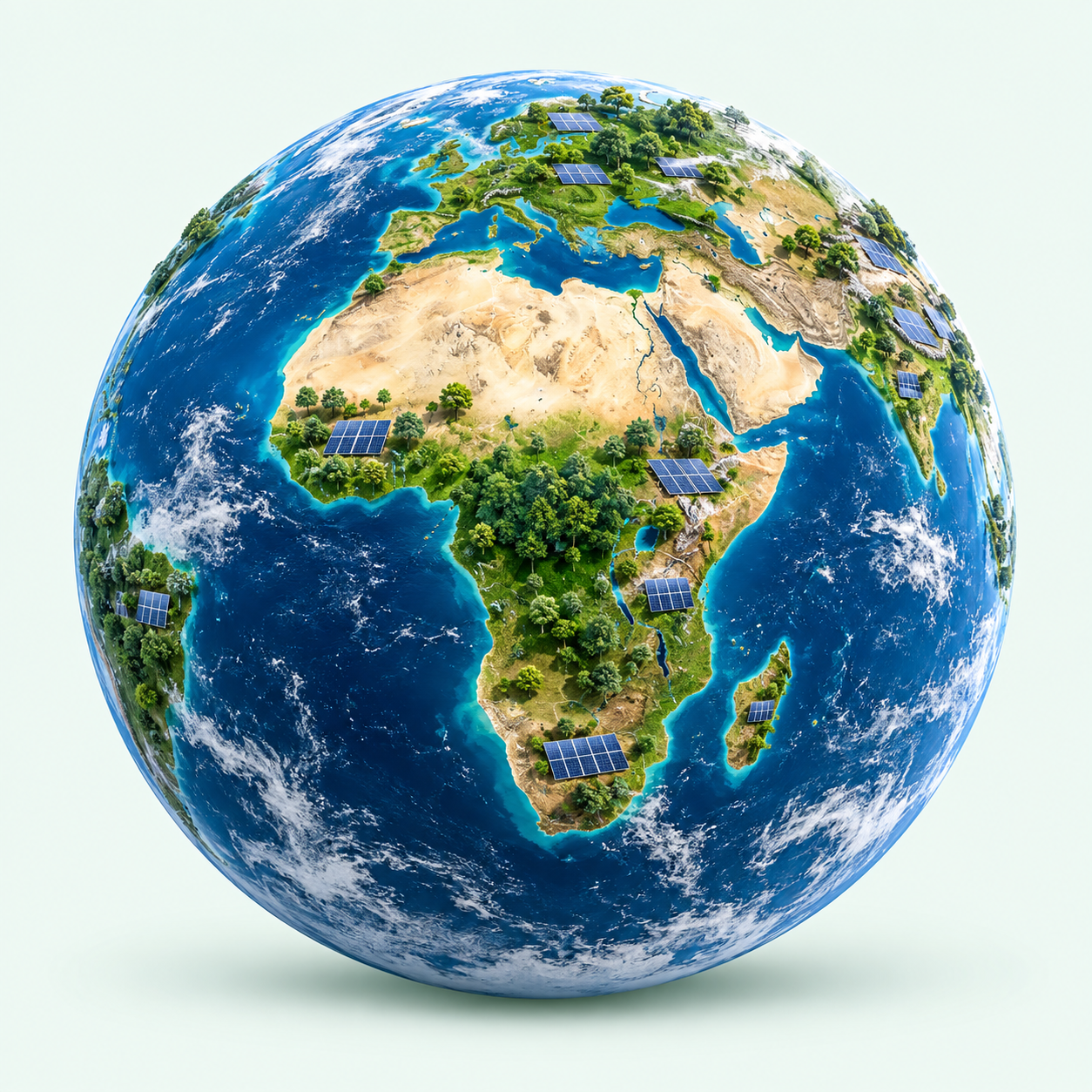 Illustrated Earth with Africa at its centre, surrounded by greenery and solar panels