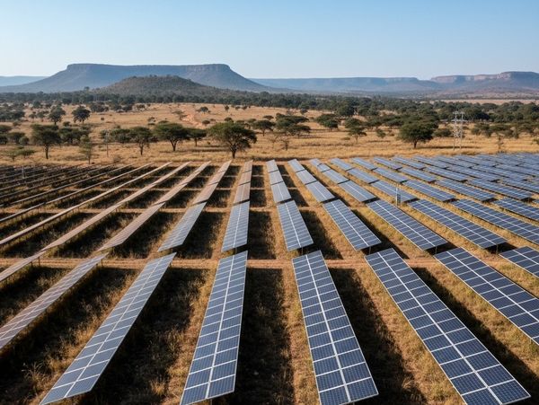 Rows of solar panels in a dry, open landscape with distant plateaus.