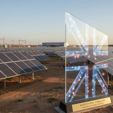 Transparent UK flag sculpture at solar panel farm in Zambia.